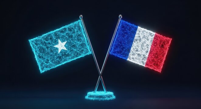 Crossed flags of somalia and france on a desk stand illustration