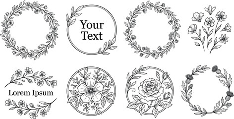 Elegant Black and White Hand Drawn Floral Wreath Frame Circle Border Set Vector Illustration for Wedding Design © Mst RAFIYA