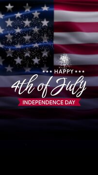 Vertical USA flag background with Happy 4th of July text animation