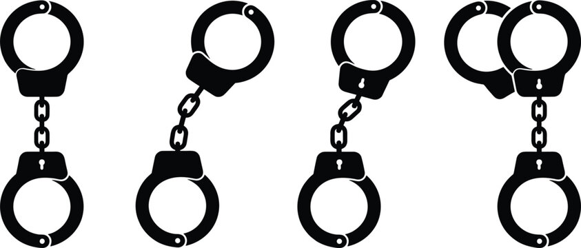 Steel Handcuffs Silhouette Icon Set Featuring Open and Closed Shackle Positions for Law Enforcement Police Crime Justice Prison and Freedom Concepts