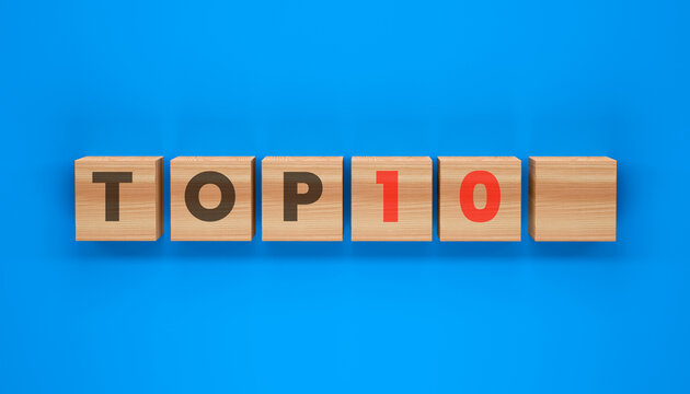 Top 10 Wooden Blocks: A creative graphic featuring wooden blocks spelling out TOP 10 against a vibrant blue background, symbolizing ranking and achievement.