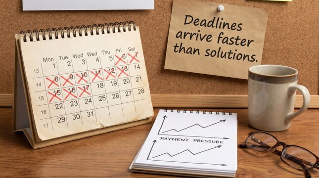 Financial Stress depicted with calendar, payment pressure graph, and deadlines
