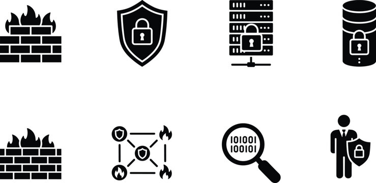 Black vector icons of firewall, shield, server, database, network, magnifying glass, and cybersecurity personnel with padlock