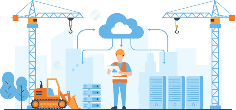 Colorful vector illustration of construction worker with cranes, servers, bulldozer, and cloud icon symbolizing digital infrastructure
