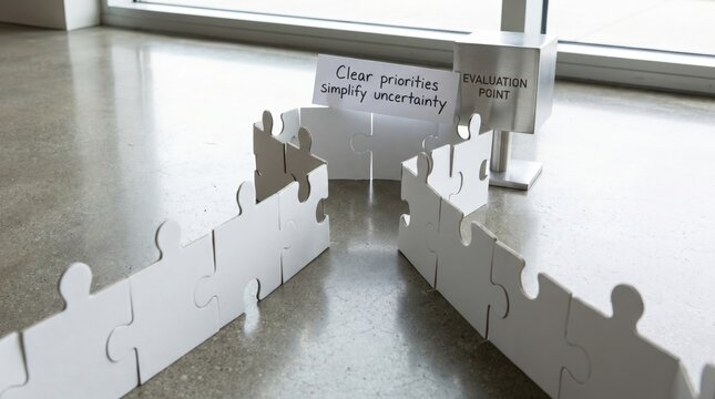 Puzzle pieces and sign represent decision making and clear priorities
