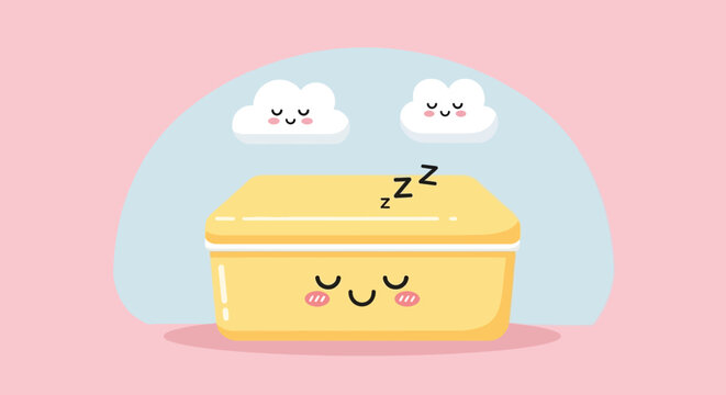 Cute Cartoon Sleeping Container Character with Clouds