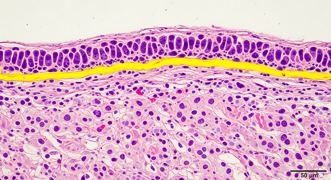 Microscopic image of human skin showing epidermis and dermis layers with highlighted basement membrane