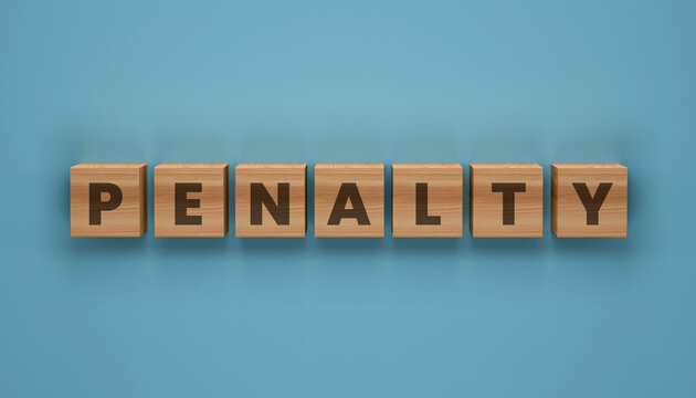 Penalty Word Blocks: Wooden blocks spelling out PENALTY are arranged in a row against a serene blue background, symbolizing consequences and repercussions.