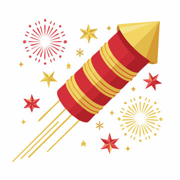 Red and Gold Firework Rocket with Stars and Explosions
