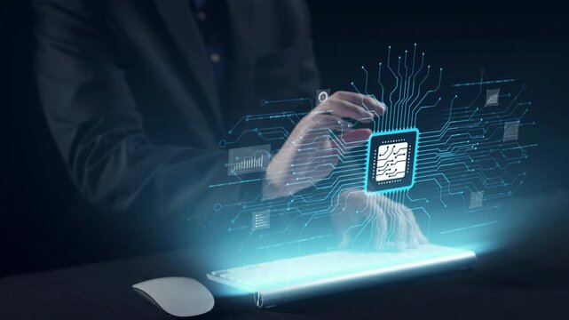 Hands typing on a modern keyboard, interacting with cloud technology and data icons, symbolizing innovation and security in a digital transformation era. Qubit