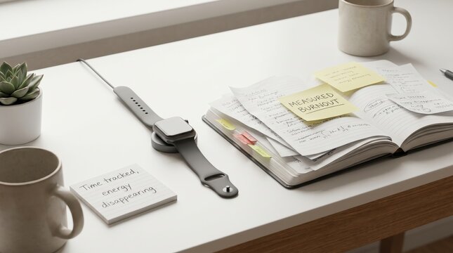 Desk with Smartwatch and Burnout Notes, Remote Work Loneliness