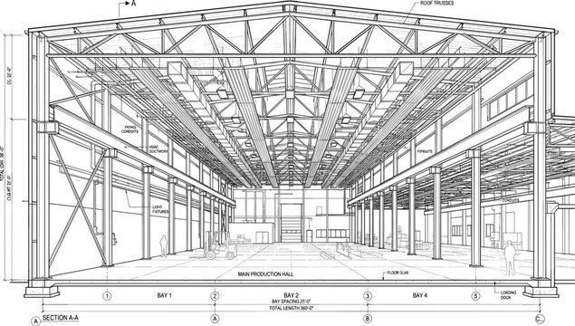 Industrial Warehouse Blueprint Illustration Featuring Steel Structure Framework, Engineering Architecture and Construction Technical Drawing Design