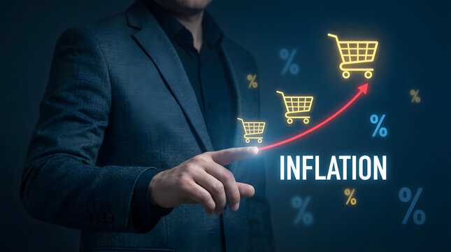 Businessman interacting with rising shopping cart icons and inflation concept on dark background