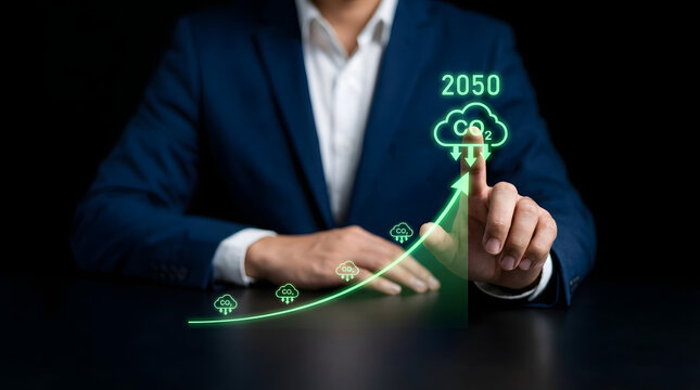Businessman interacting with virtual carbon dioxide graph and 2050 target on dark background