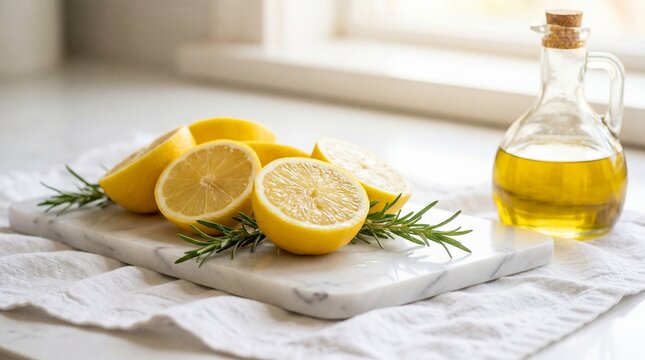 Fresh halved lemons and rosemary sprigs on marble board with glass cruet of extra virgin olive oil in sunny kitchen