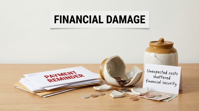 Financial Damage With Broken Piggy Bank and Payment Reminder