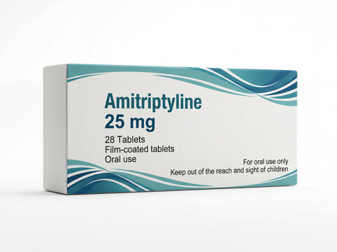 Amitriptyline 25 mg medication box isolated on white background