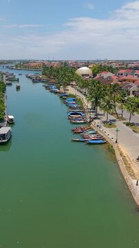 Aerial panoramic view of Hoi An city, Da Nang province, Vietnam. Panoramic footage of Hoian ancient town, UNESCO world heritage. One of the most travel popular touristic destinations 
