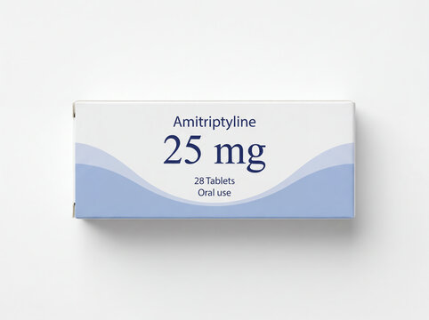 Amitriptyline 25 mg medication box isolated on white background