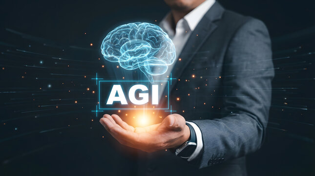 Businessman holding glowing agi brain concept with futuristic interface and neon lights in dark background