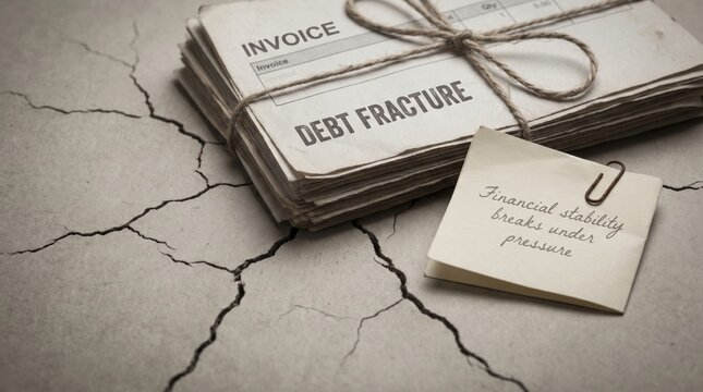 Stack of Debt Invoices Tied With String on Cracked Ground