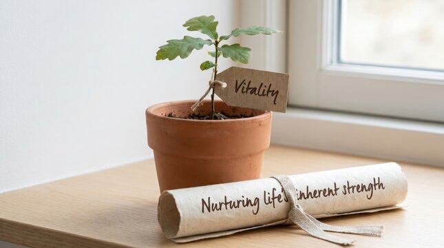 Young oak sapling in terracotta pot with vitality tag