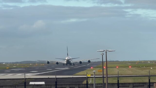Sydney NSW Australia 23052026, Emirates A380 taking off at Sydney airport