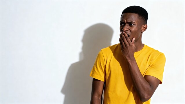 Man stands in front of white wall, looking thoughtful while wearing yellow t-shirt and touching his face with one hand