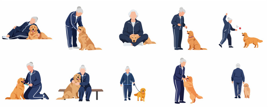 Senior woman and her golden retriever dog spending time together set, flat vector illustration of pet care, playing, walking, and grooming activities isolated on white background
