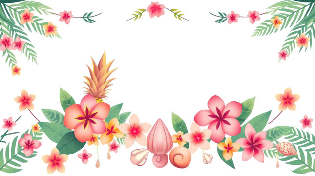 Tropical Floral Frame with Pineapple and Seashells for Summer Invitations