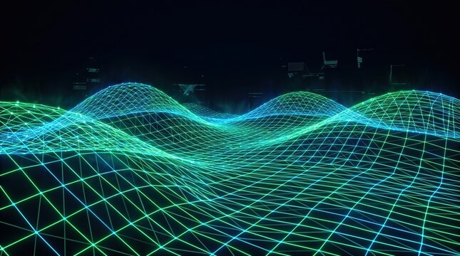 Futuristic Digital Wireframe Grid Wave, Abstract Cyber Technology Mesh Landscape