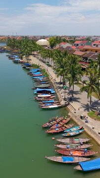 Hoi An, Viet Nam 09 2025: Aerial drone view of Hoi An city, Quang Nam province. Panoramic of Ancient town, UNESCO world heritage. The most travel popular touristic destinations 
