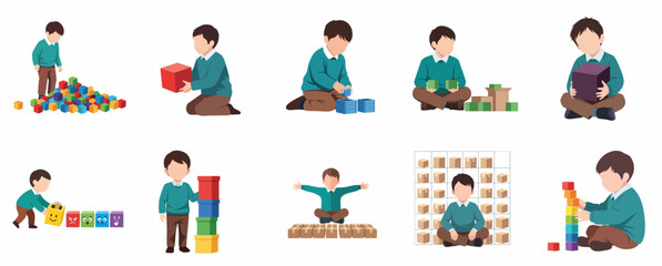 Fototapeta premium Little boy playing with building blocks and boxes vector illustration set, child educational activity and creative play concepts