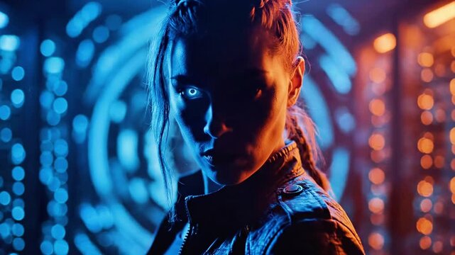 A futuristic woman with a braid gazes intensely against a vibrant blue and orange background