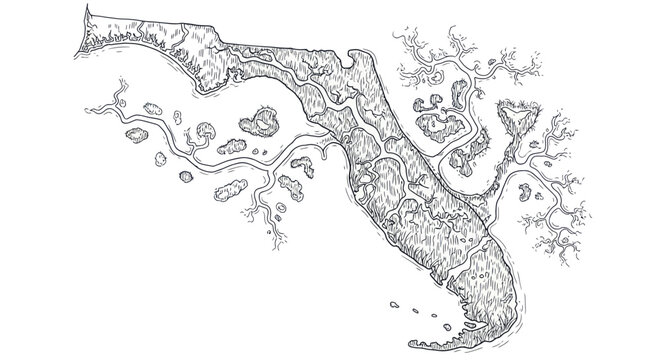 Fantasy Map Illustration: Archipelago Landscape with Rivers and Trees