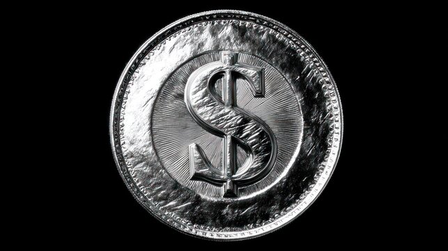 Highly detailed close up of a single silver coin featuring a stylized currency symbol against a dark background