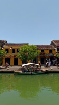 Aerial panoramic view of Hoi An city, Da Nang province, Vietnam. Panoramic footage of Hoian ancient town, UNESCO world heritage. One of the most travel popular touristic destinations 