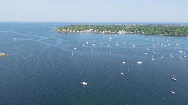Aerial view of historic Salem town skyline, Harbor, and Salem Maritime National Historic Site, Massachusetts