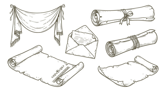 Vintage parchment scrolls and envelope set in hand drawn style