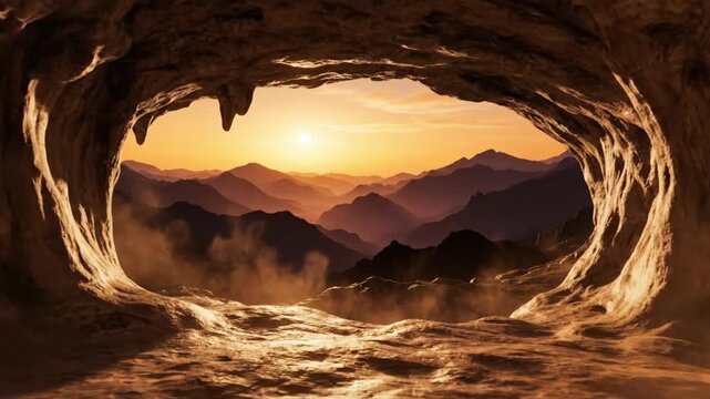 High quality cinematic sunset cave footage with realistic spacious stone interior cozy natural shelter atmosphere soft warm lighting detailed rocky walls and smooth cave textures large entrance overlo