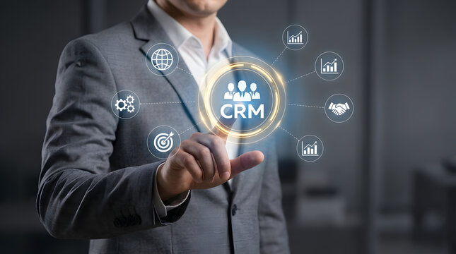 Businessman interacting with crm customer relationship management interface technology