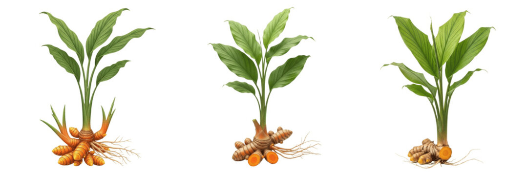 Turmeric plant with rhizome, Curcuma longa, Zingiberaceae family, medicinal spice flora profile, subterranean orange fleshy rhizome structure, large oblong green leaves, perennial botanical specimen
