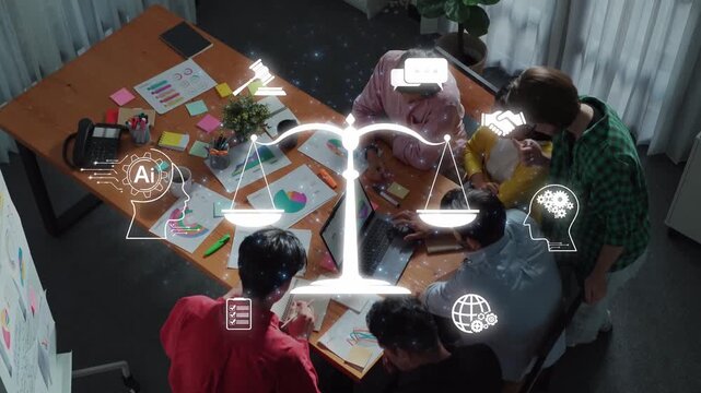 A diverse team gathers around a table, engaging in collaboration to analyze concepts of justice and innovation, emphasizing ethical decision-making in a modern workplace. Raster
