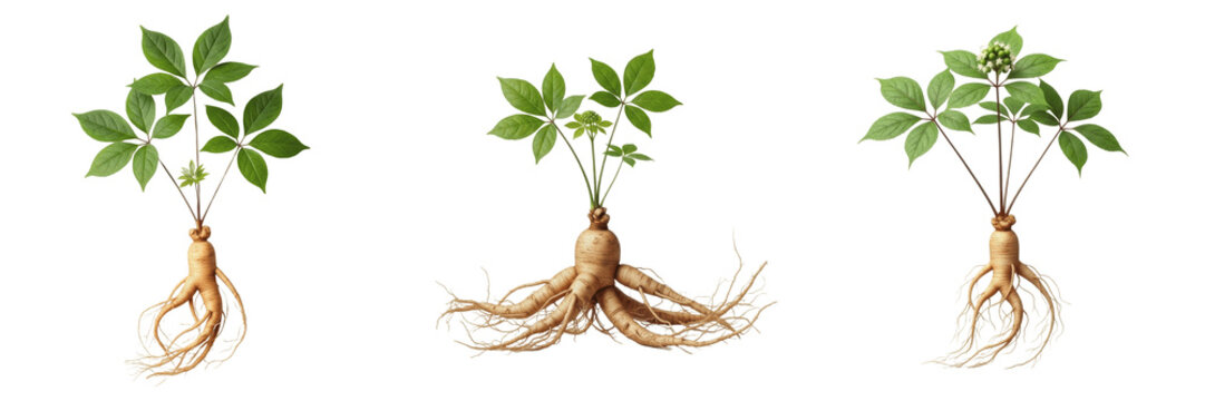 Ginseng plant, Panax ginseng, Araliaceae family, asian medicinal herb structural profile, anthropomorphic fleshy taproot emphasized, palmate compound leaves, perennial deciduous botanical specimen