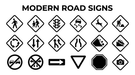 A set of various modern road signs and traffic symbols, presented as icons on a white background. © MstSomaya