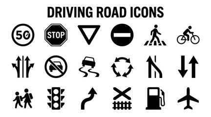 A grid of various black and white traffic and road signs, including speed limits, stop signs, and pedestrian crossings. © MstSomaya