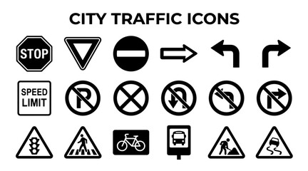 A comprehensive set of black and white icons representing various traffic regulations, road signs, and symbols for urban navigation. © MstSomaya