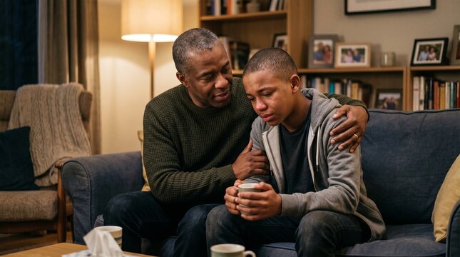 A concerned father comforts his upset teenage son on the couch at home. The father places a reassuring hand on his son's shoulder, while the son looks down with tears in his eyes, holding a mug.
