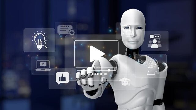 A futuristic robot presents a range of digital media options through interactive icons, symbolizing the convergence of technology and communication in a modern workspace. Synapse