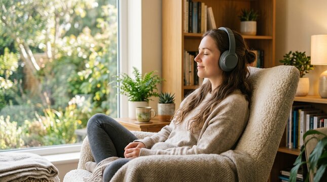 A woman with headphones on is relaxing in a cozy chair, eyes closed, enjoying a moment of peace. She is sitting by a window with a view of lush greenery, and a bookshelf is visible behind her